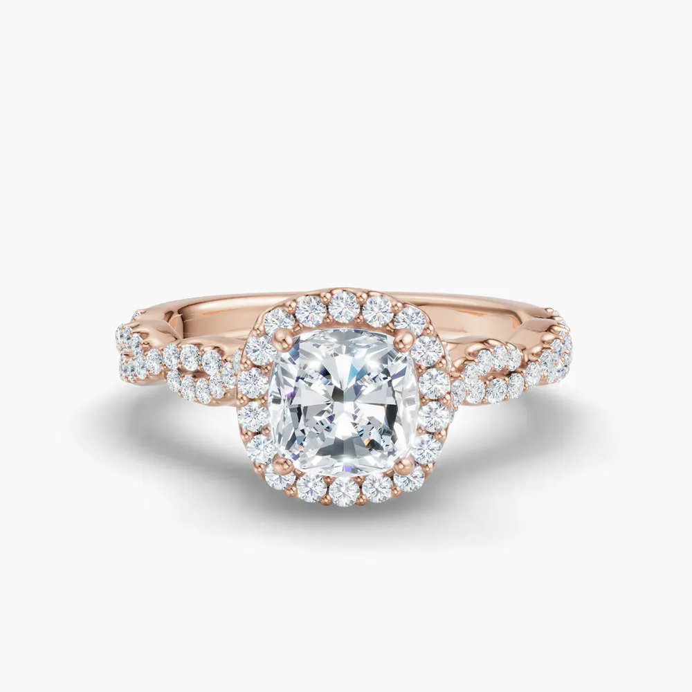 Certified 1 carat Lab Grown Diamond Cushion Cut Halo, Pavé, Twist Engagement Ring in 14K Rose Gold-Meraki