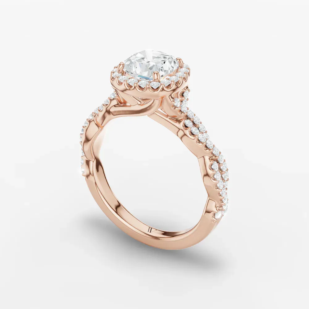 Certified 1 carat Lab Grown Diamond Cushion Cut Halo, Pavé, Twist Engagement Ring in 14K Rose Gold-Meraki