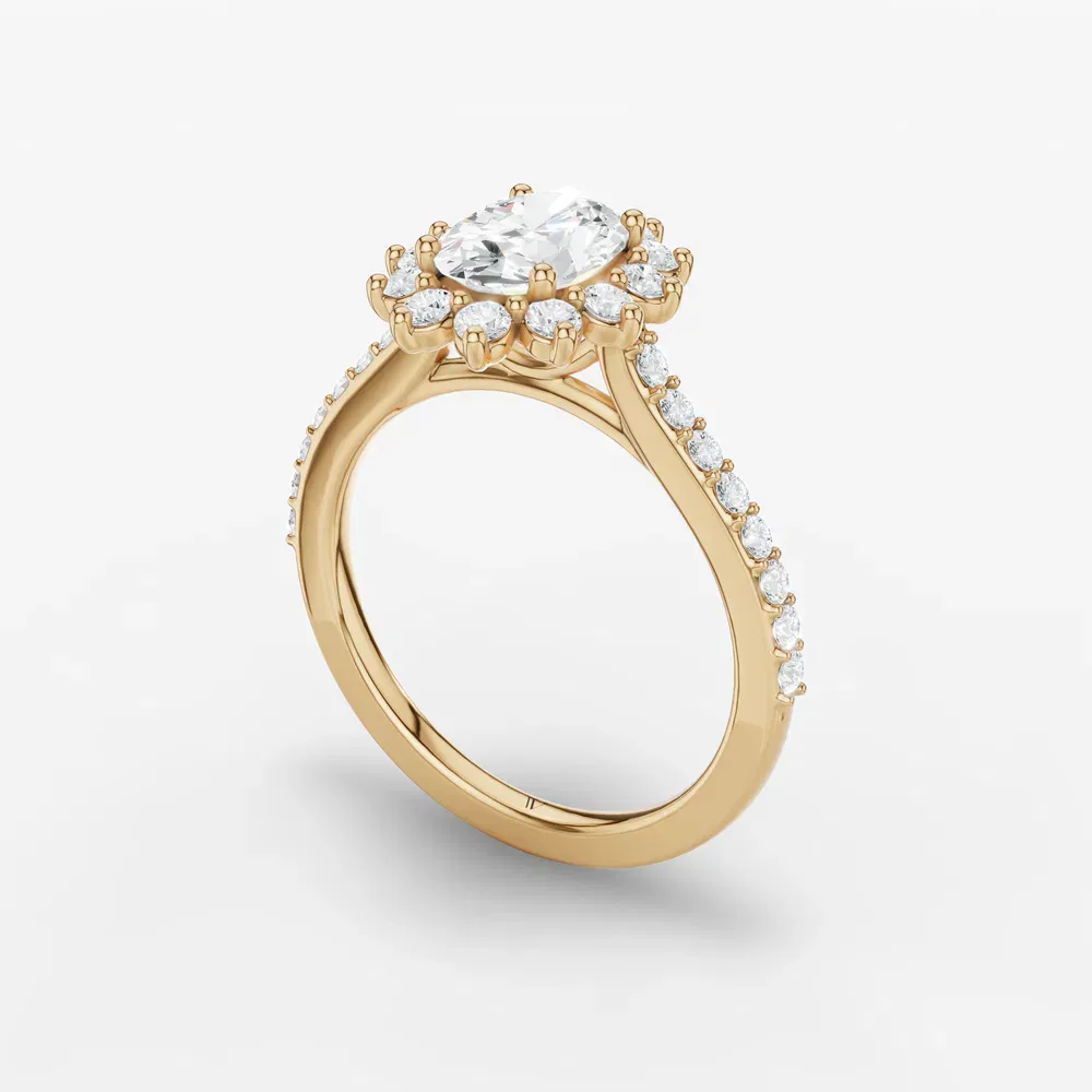 Certified 1 carat Lab Grown Diamond Oval Cut Pavé, Halo, Floral Engagement Ring in 14K Yellow Gold-Elite Juniper