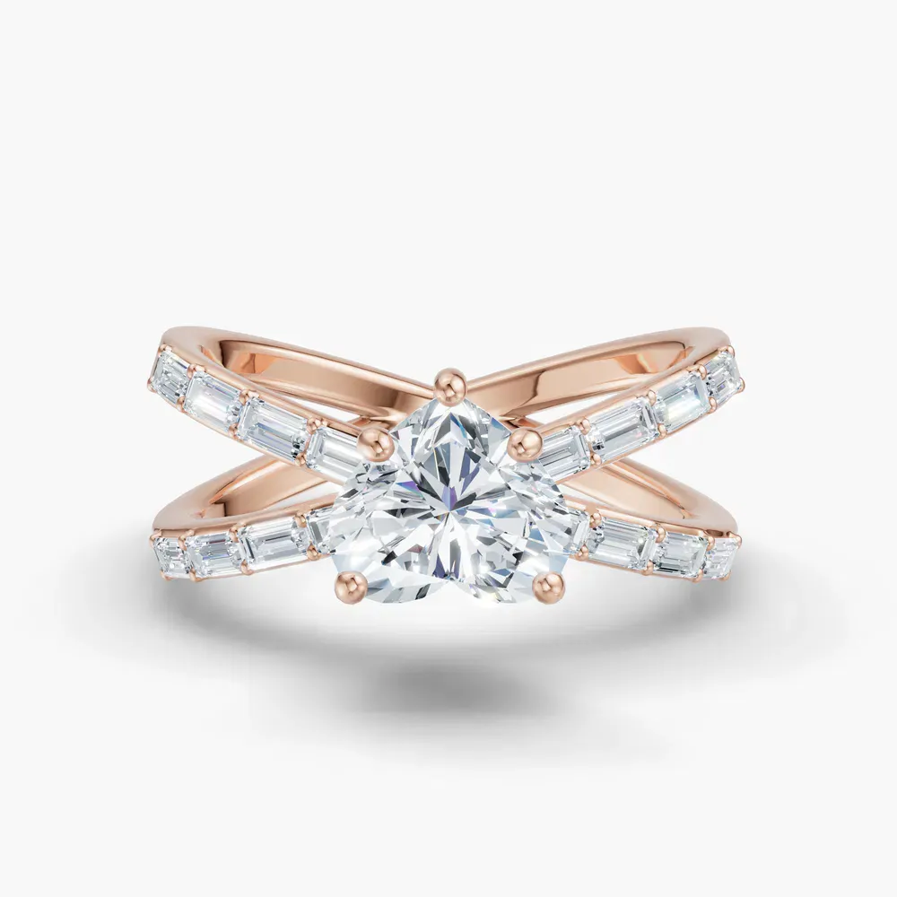 Certified 1 carat Lab Grown Diamond Heart Cut Baguette, Unique, Split Shank Engagement Ring in 14K Rose Gold-Luminara
