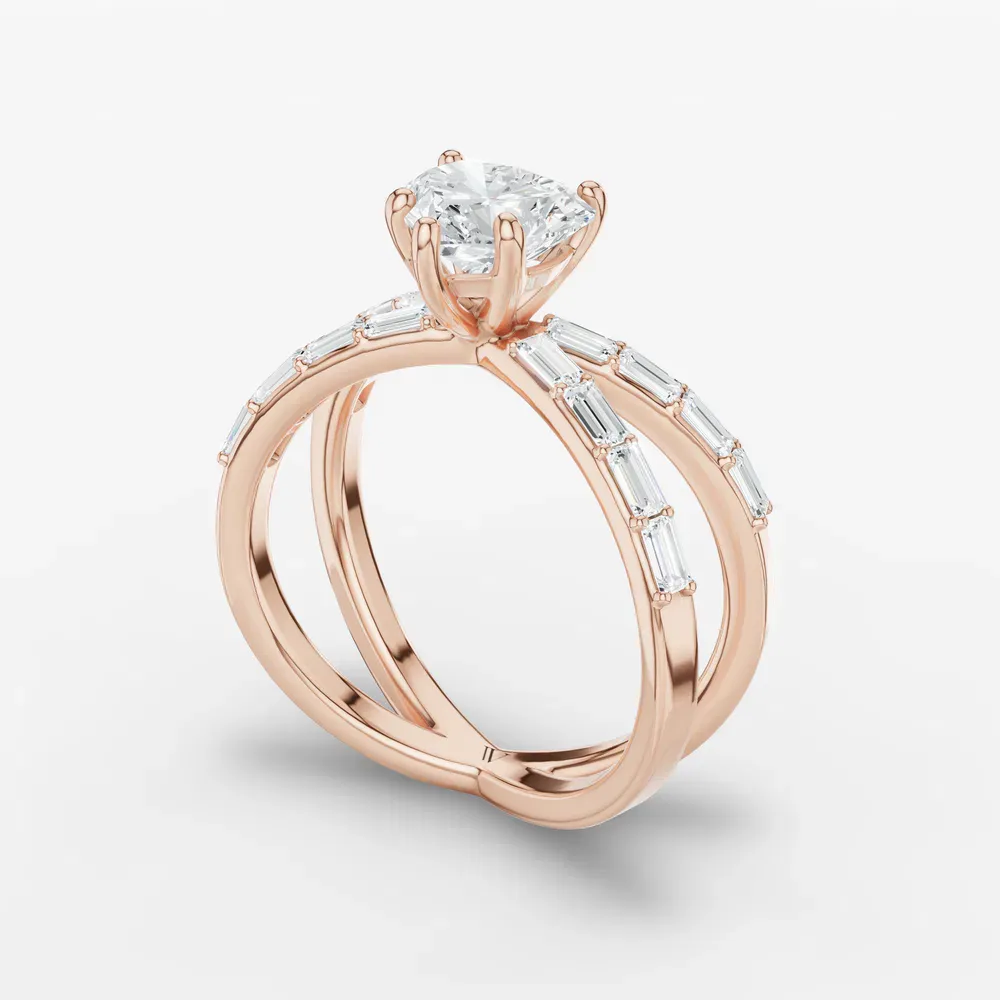 Certified 1 carat Lab Grown Diamond Heart Cut Baguette, Unique, Split Shank Engagement Ring in 14K Rose Gold-Luminara
