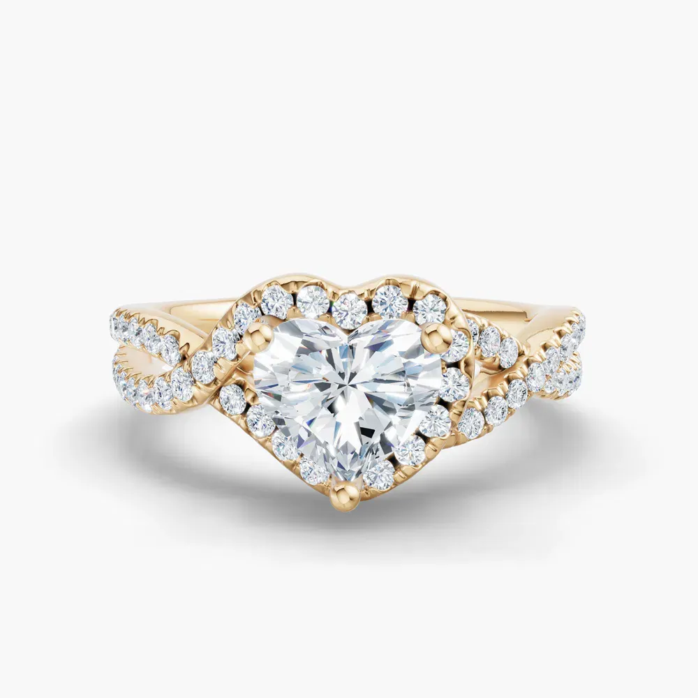 Certified 1 carat Lab Grown Diamond Heart Cut Unique, Pavé, Halo Engagement Ring in 14K Yellow Gold-Stellune