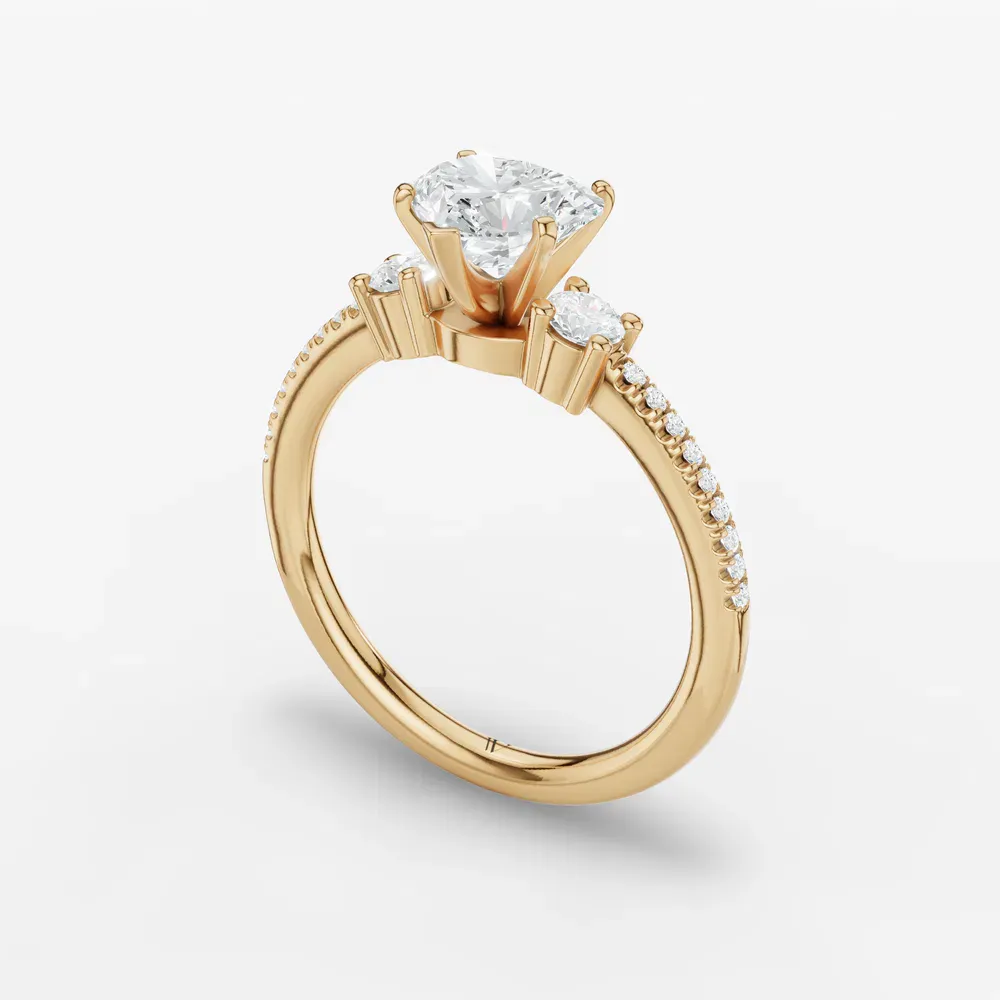 Certified 1 carat Lab Grown Diamond Heart Cut Three Stone, Pavé, Side Stone Engagement Ring in 14K Yellow Gold-Vynix