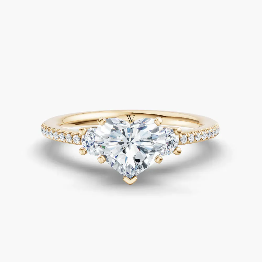 Certified 1 carat Lab Grown Diamond Heart Cut Three Stone, Pavé, Side Stone Engagement Ring in 14K Yellow Gold-Vynix