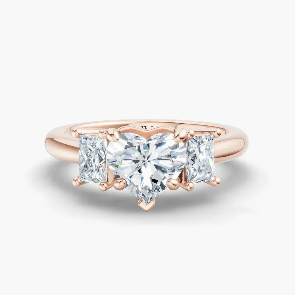 Certified 1 carat Lab Grown Diamond Heart Cut Three Stone, Side Stone Engagement Ring in 14K Rose Gold-Dravon