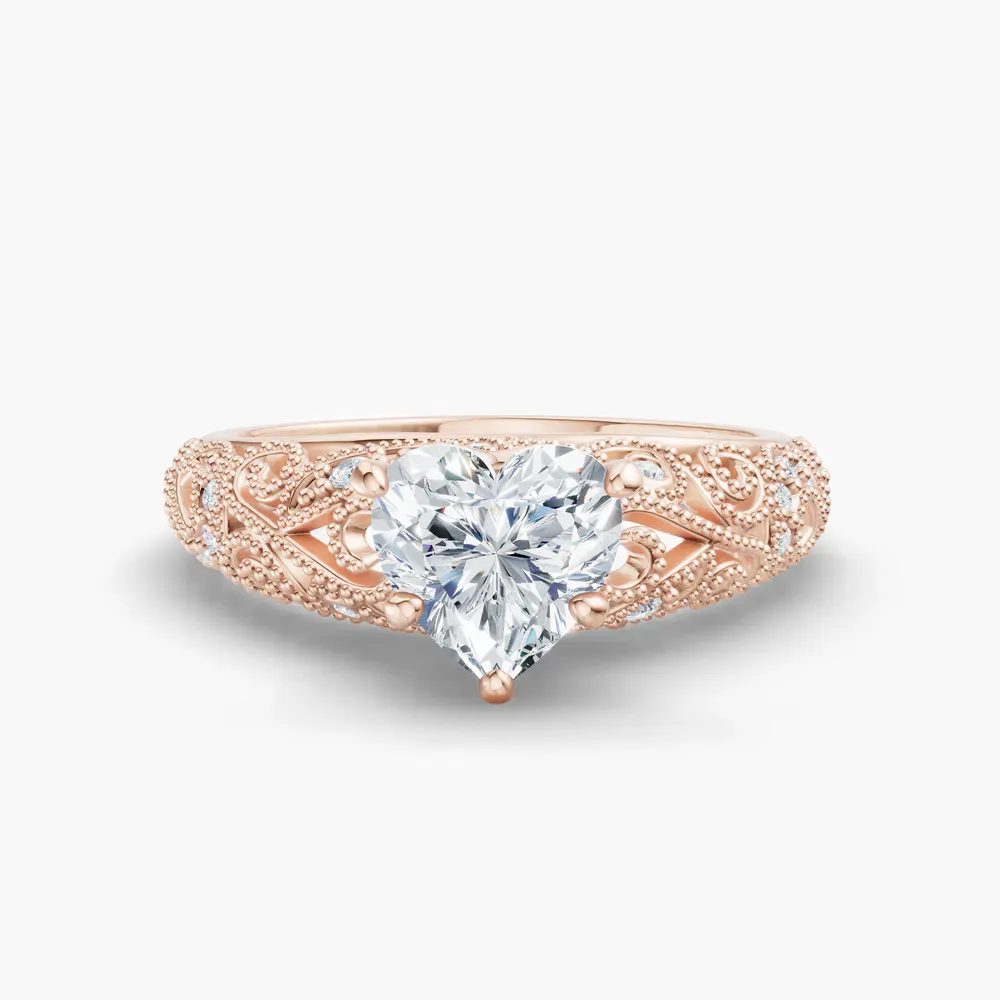 Certified 1 carat Lab Grown Diamond Heart Cut Vintage, Milgrain, Filigree Engagement Ring in 14K Rose Gold-Jaxen