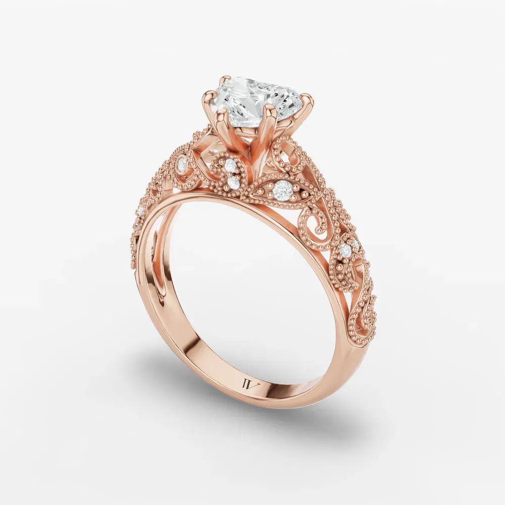 Certified 1 carat Lab Grown Diamond Heart Cut Vintage, Milgrain, Filigree Engagement Ring in 14K Rose Gold-Jaxen
