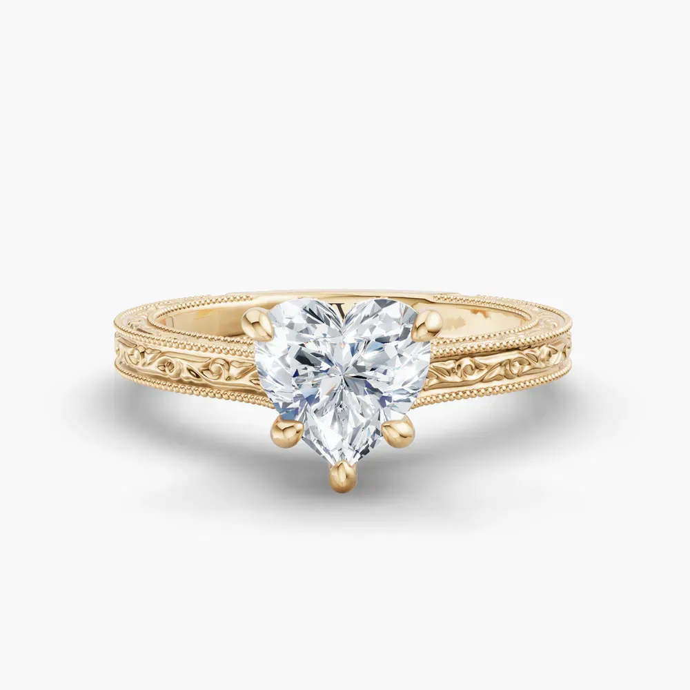 Certified 1 carat Lab Grown Diamond Heart Cut Hidden Halo, Cathedral, Vintage Engagement Ring in 14K Yellow Gold-Echo