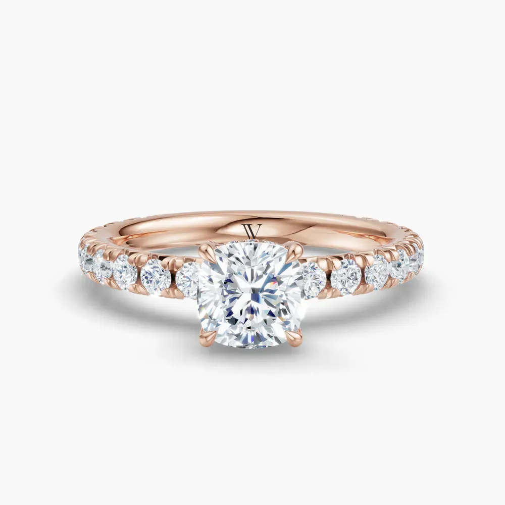 Certified 1 carat Lab Grown Diamond Cushion Cut Pavé, Hidden Halo, Low profile Engagement Ring in 14K Rose Gold-Cyrra