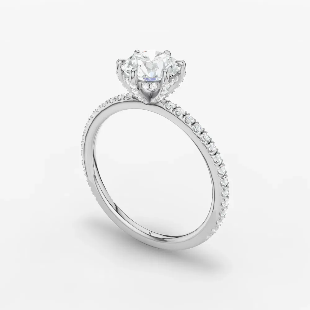 Certified 1 carat Lab Grown Diamond Round Cut Pavé, Hidden Halo, Six Prong Engagement Ring in 14K White Gold-Elite Daphne