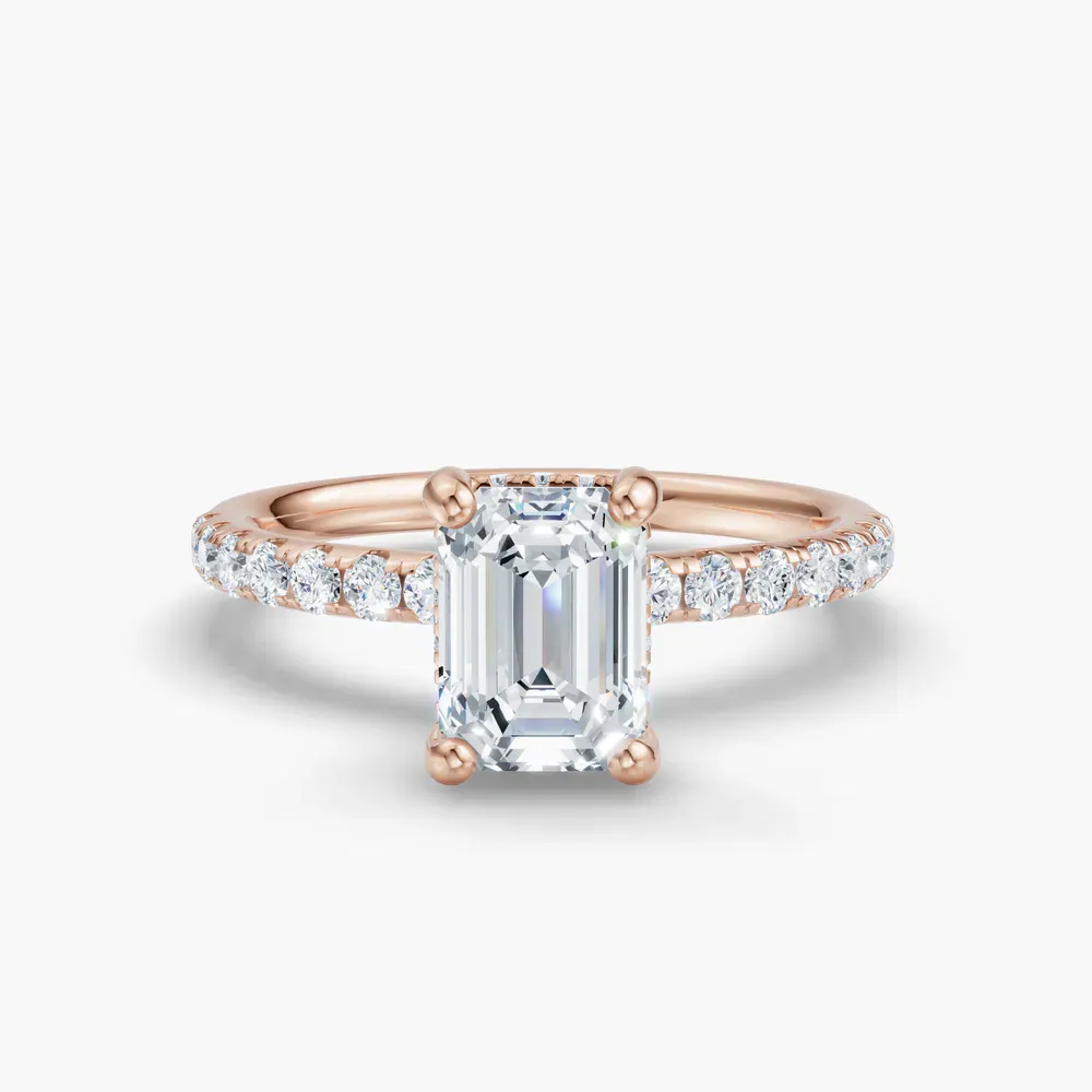 Certified 1 carat Lab Grown Diamond Emerald Cut Pavé, Hidden Halo Engagement Ring in 14K Rose Gold-Decna