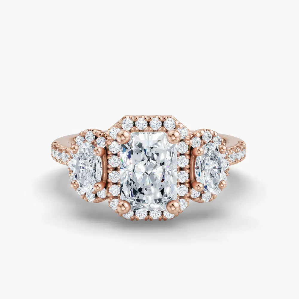 Certified 1 carat Lab Grown Diamond Radiant Cut Pavé, Three Stone, Halo Engagement Ring in 14K Rose Gold-Norell