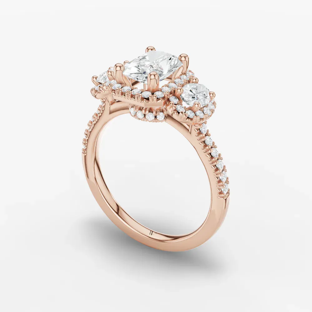 Certified 1 carat Lab Grown Diamond Radiant Cut Pavé, Three Stone, Halo Engagement Ring in 14K Rose Gold-Norell