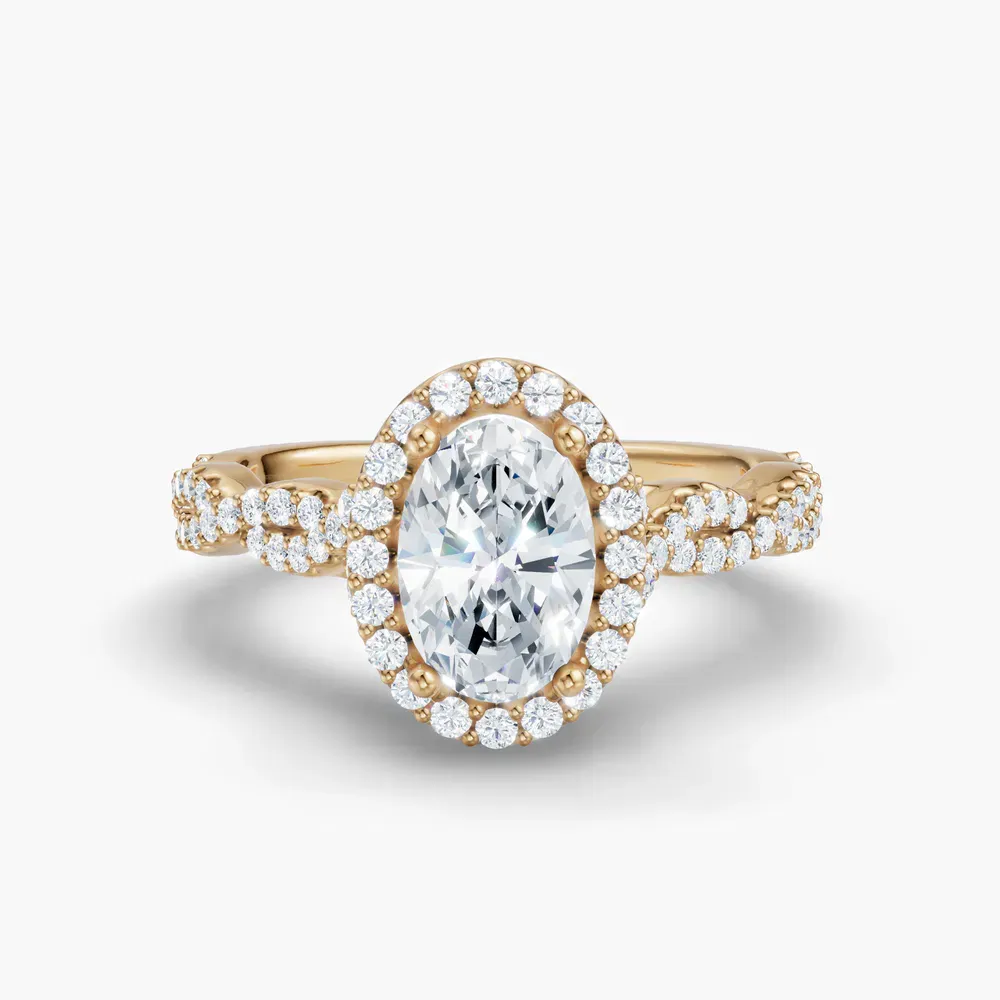 Certified 1 carat Lab Grown Diamond Oval Cut Halo, Pavé, Twist Engagement Ring in 14K Yellow Gold-Meraki