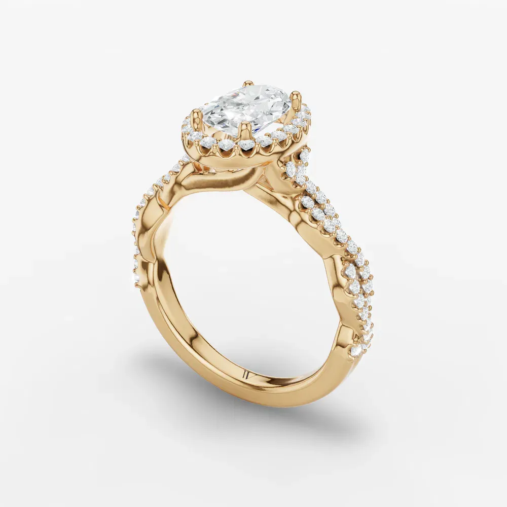 Certified 1 carat Lab Grown Diamond Oval Cut Halo, Pavé, Twist Engagement Ring in 14K Yellow Gold-Meraki