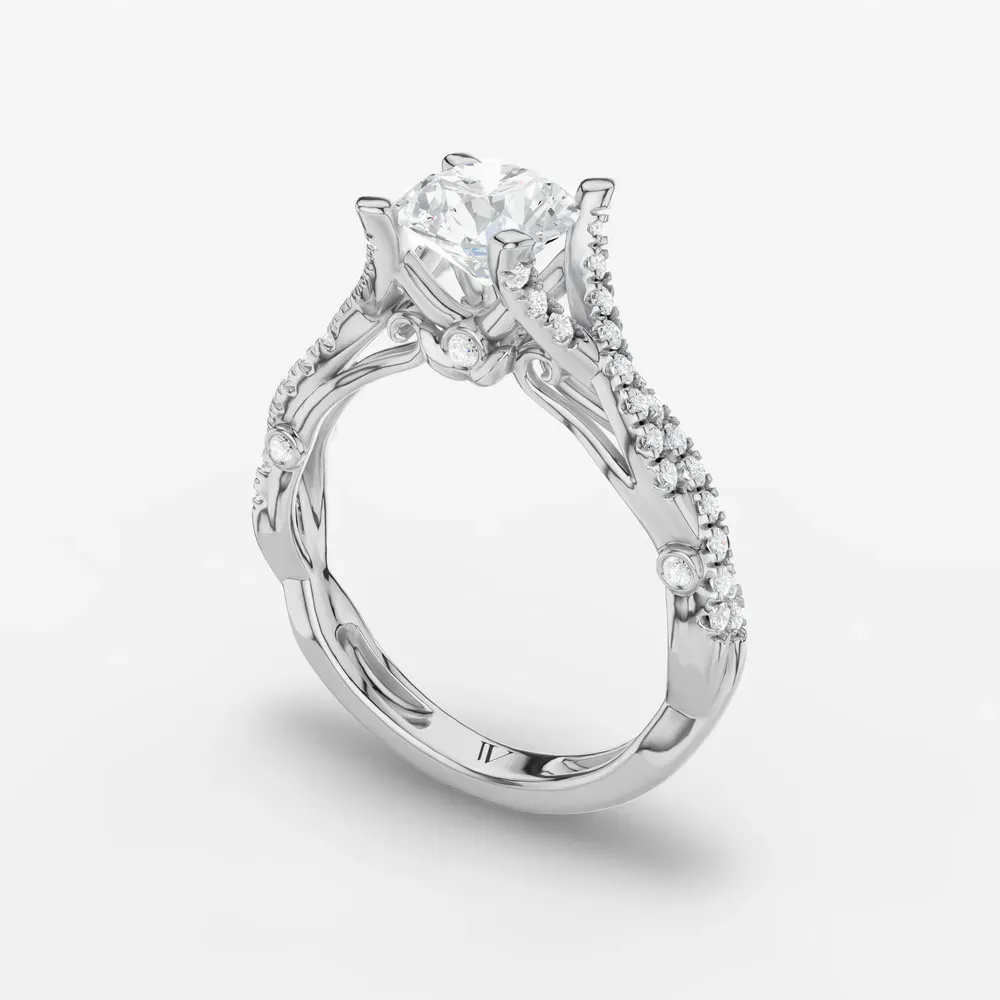 Certified 1 carat Lab Grown Diamond Round Cut Pavé, Twist, Split Shank Engagement Ring in 14K White Gold-Firova