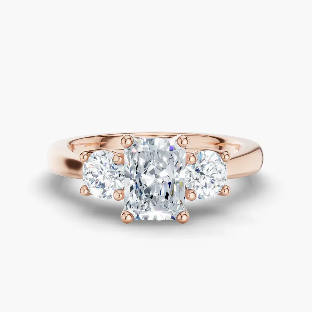 Certified 1 carat Lab Grown Diamond Radiant Cut Three Stone, Side Stone, Low profile Engagement Ring in 14K Rose Gold-Valeri