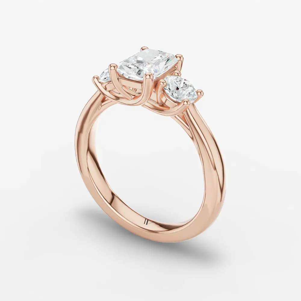 Certified 1 carat Lab Grown Diamond Radiant Cut Three Stone, Side Stone, Low profile Engagement Ring in 14K Rose Gold-Valeri