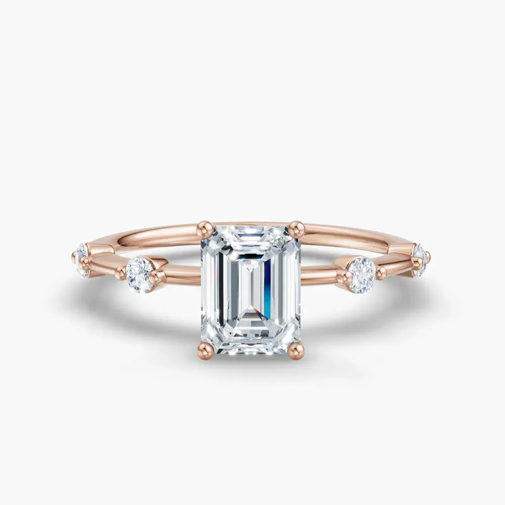 Certified 1 carat Lab Grown Diamond Emerald Cut Low profile, Side Stone Engagement Ring in 14K Rose Gold-Hriw