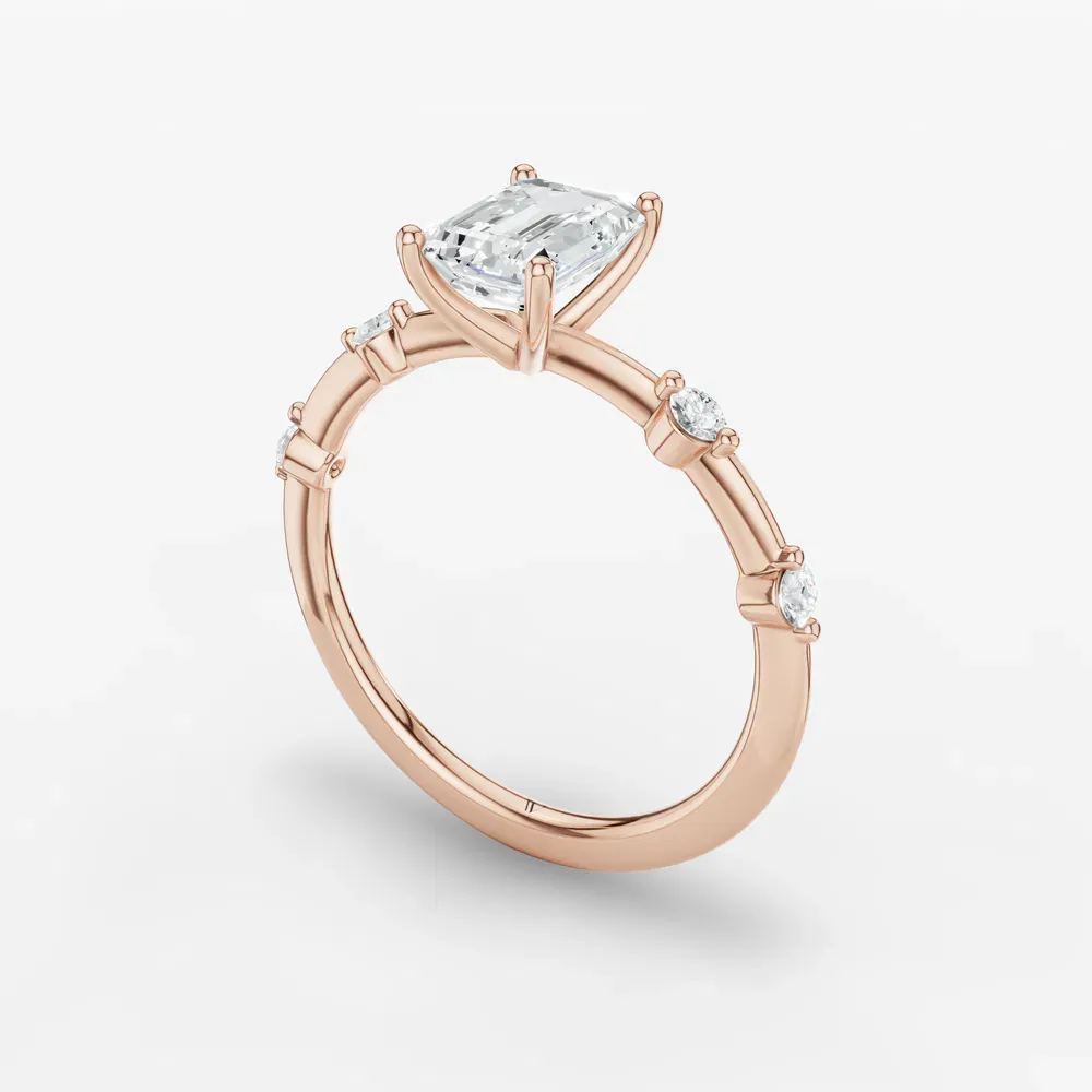 Certified 1 carat Lab Grown Diamond Emerald Cut Low profile, Side Stone Engagement Ring in 14K Rose Gold-Hriw