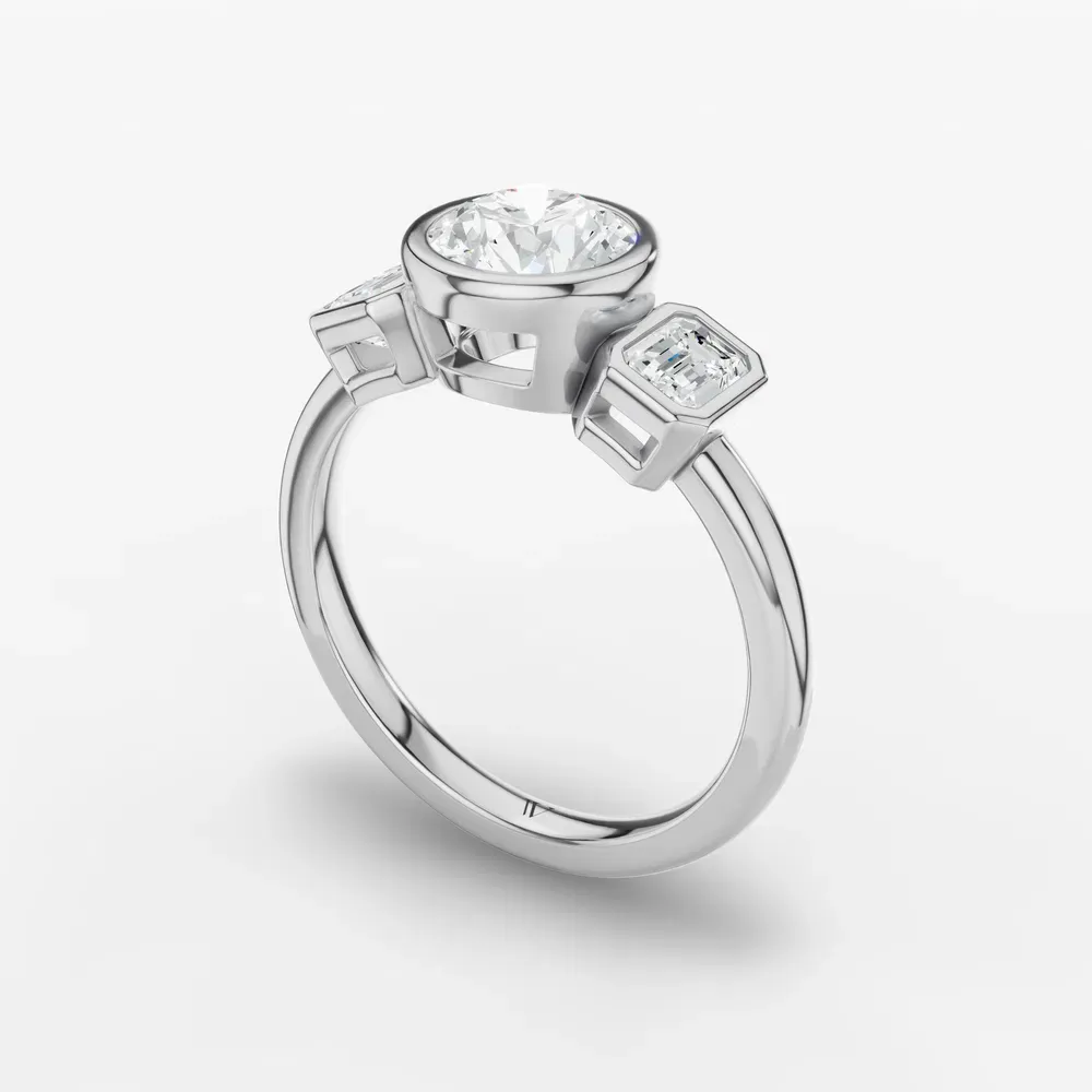 Certified 1 carat Lab Grown Diamond Round Cut Three Stone, Bezel, Low profile Engagement Ring in 14K White Gold-Elix