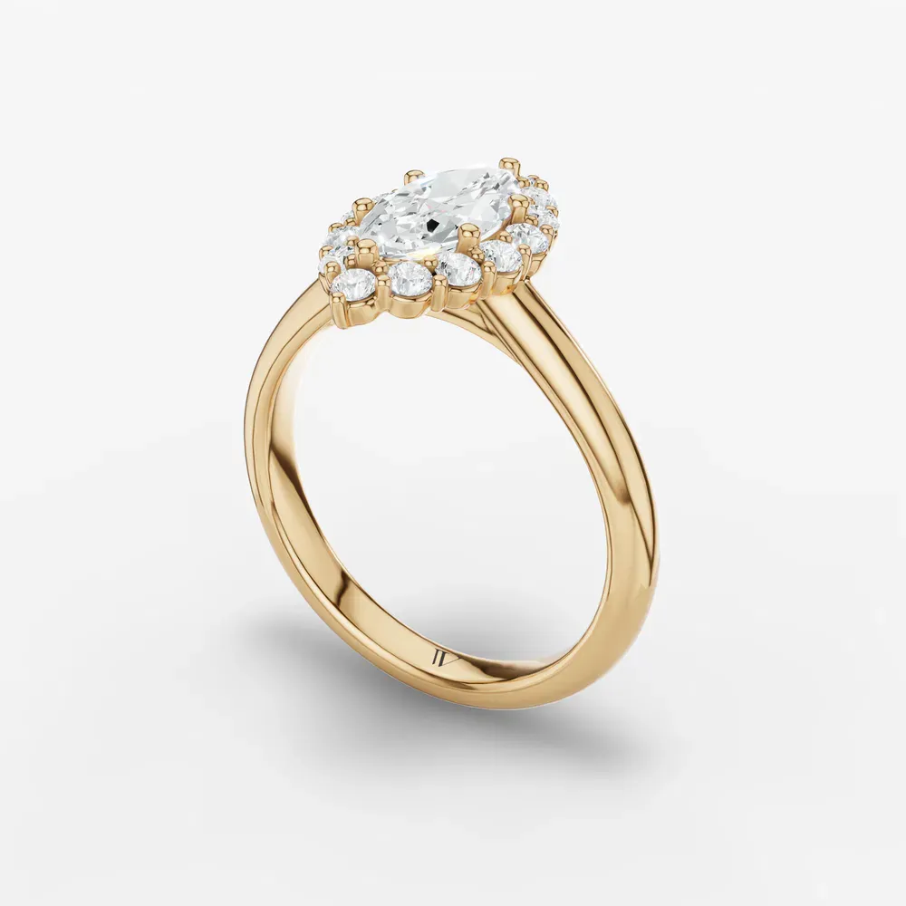 Certified 1 carat Lab Grown Diamond Marquise Cut Cathedral, Halo, Floral Engagement Ring in 14K Yellow Gold-Arwen