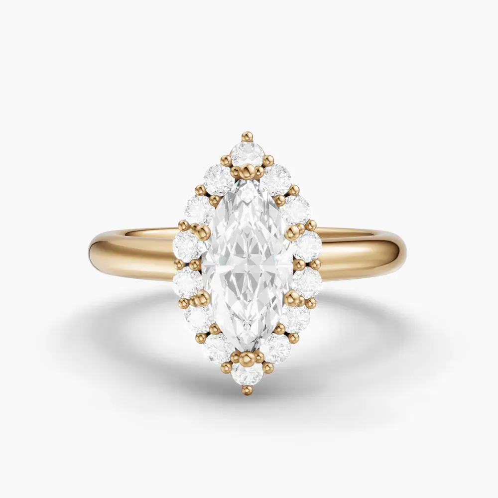 Certified 1 carat Lab Grown Diamond Marquise Cut Cathedral, Halo, Floral Engagement Ring in 14K Yellow Gold-Arwen