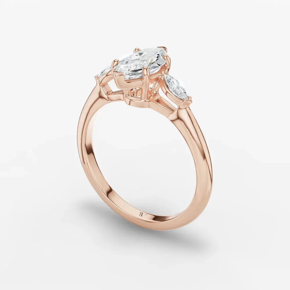 Certified 1 carat Lab Grown Diamond Marquise Cut Three Stone, Side Stone Engagement Ring in 14K Rose Gold-Glow