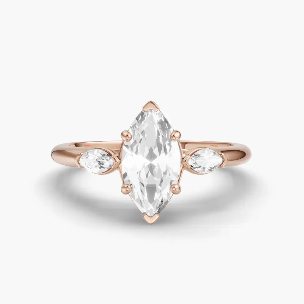 Certified 1 carat Lab Grown Diamond Marquise Cut Three Stone, Side Stone Engagement Ring in 14K Rose Gold-Glow
