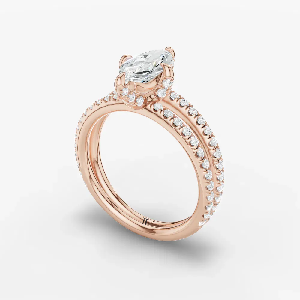 Certified 1 carat Lab Grown Diamond Marquise Cut Pavé, Split Shank, Hidden Halo Engagement Ring in 14K Rose Gold-Soren