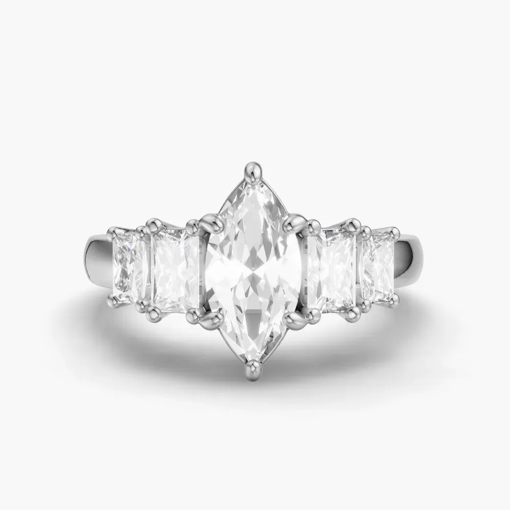 Certified 1 carat Lab Grown Diamond Marquise Cut Five Stone, Side Stone Engagement Ring in 14K White Gold-Velaris