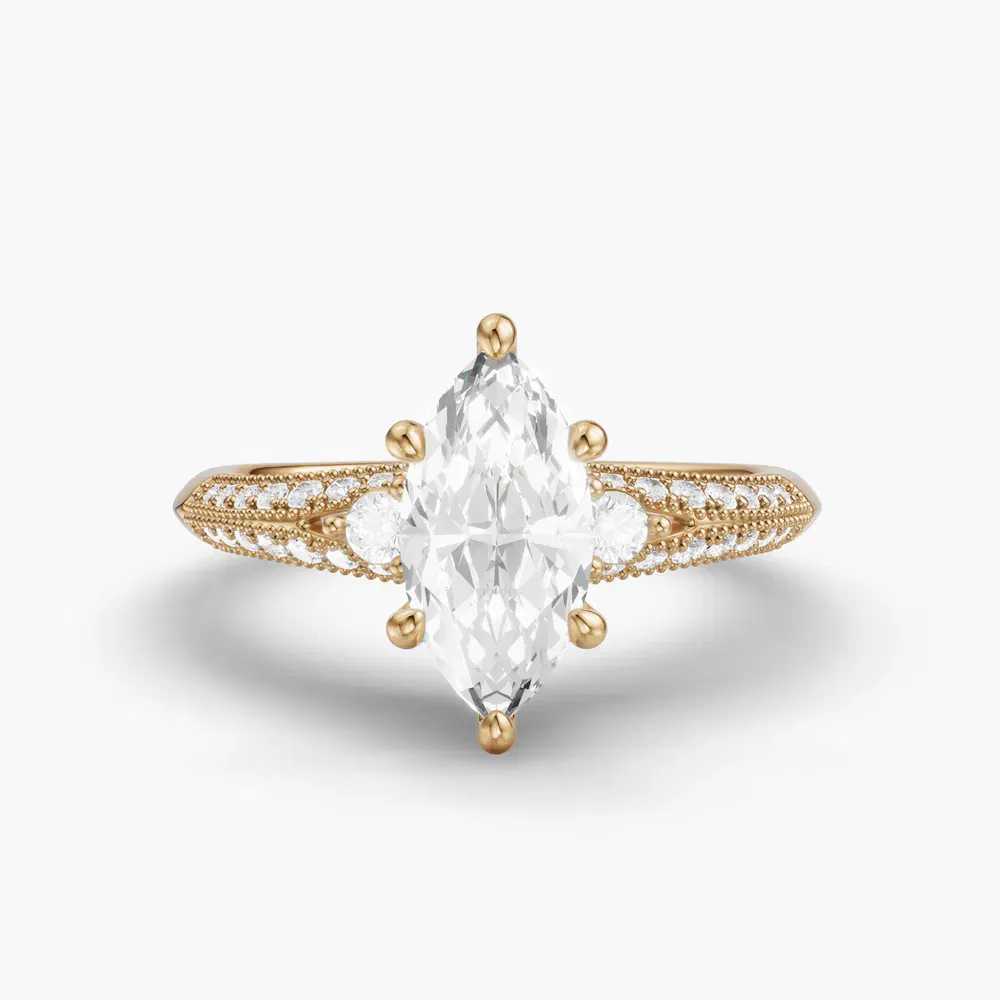 Certified 1 carat Lab Grown Diamond Marquise Cut Milgrain, Three Stone, Pavé Engagement Ring in 14K Yellow Gold-Avery