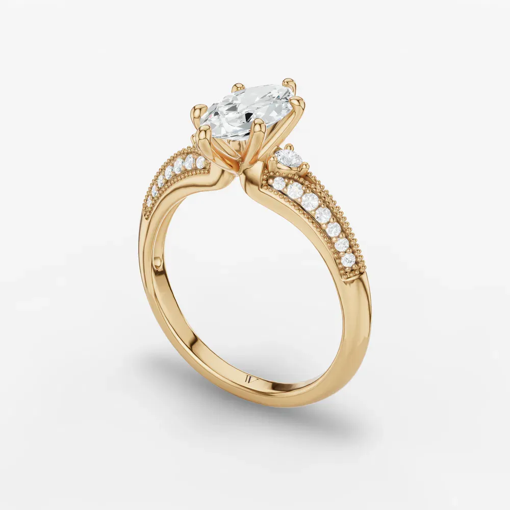 Certified 1 carat Lab Grown Diamond Marquise Cut Milgrain, Three Stone, Pavé Engagement Ring in 14K Yellow Gold-Avery