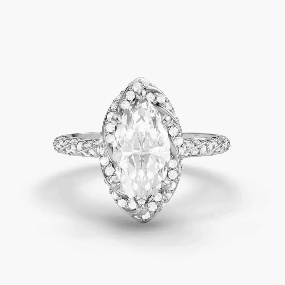 Certified 1 carat Lab Grown Diamond Marquise Cut Halo, Floral, Twist Engagement Ring in 14K White Gold-Moxl