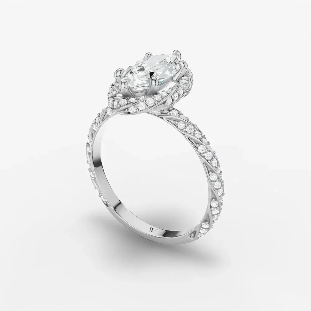 Certified 1 carat Lab Grown Diamond Marquise Cut Halo, Floral, Twist Engagement Ring in 14K White Gold-Moxl