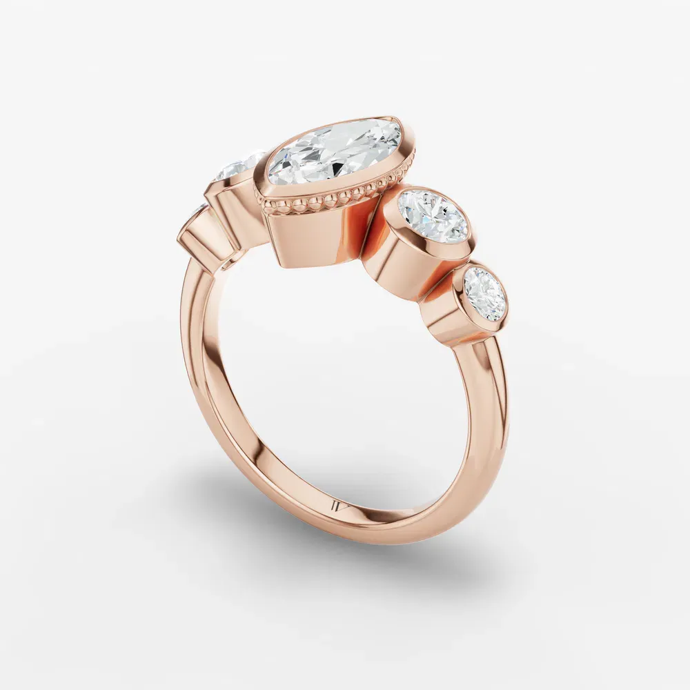 Certified 1 carat Lab Grown Diamond Marquise Cut Five Stone, Milgrain, Bezel Engagement Ring in 14K Rose Gold-Sole