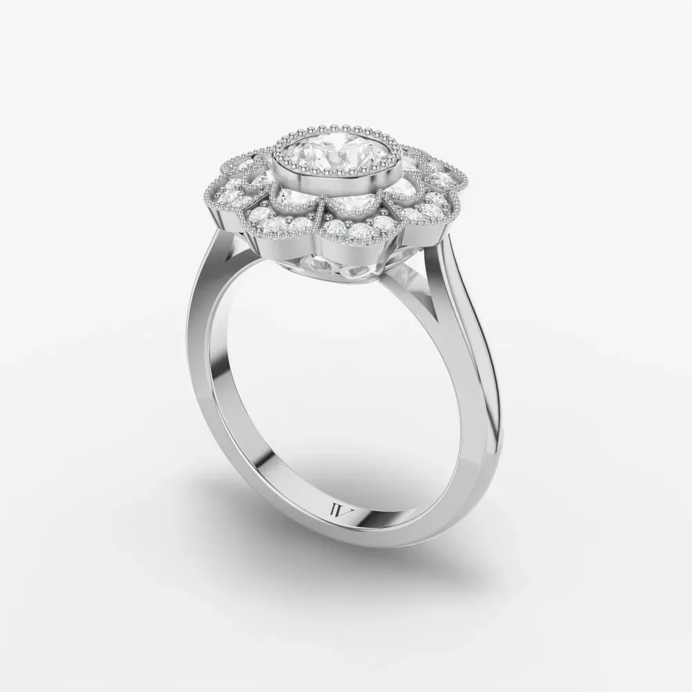 Certified 0.5 carat Lab Grown Diamond Round Cut Floral, Art Deco, Milgrain Engagement Ring in 14K White Gold-Novaen