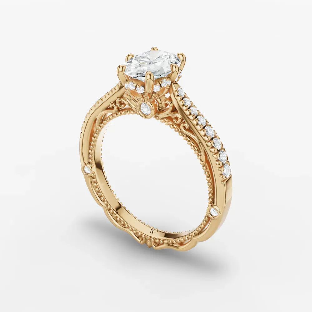 Certified 1 carat Lab Grown Diamond Oval Cut Milgrain, Filigree, Nature inspired Engagement Ring in 14K Yellow Gold-Vespera