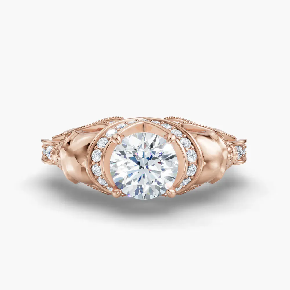 Certified 1 carat Lab Grown Diamond Round Cut Gothic, Milgrain, Side Stone Engagement Ring in 14K Rose Gold-Coralie