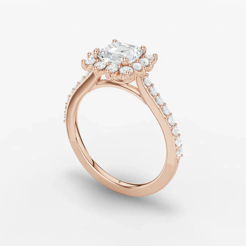 Certified 1 carat Lab Grown Diamond Asscher Cut Pavé, Halo, Floral Engagement Ring in 14K Rose Gold-Elite Juniper