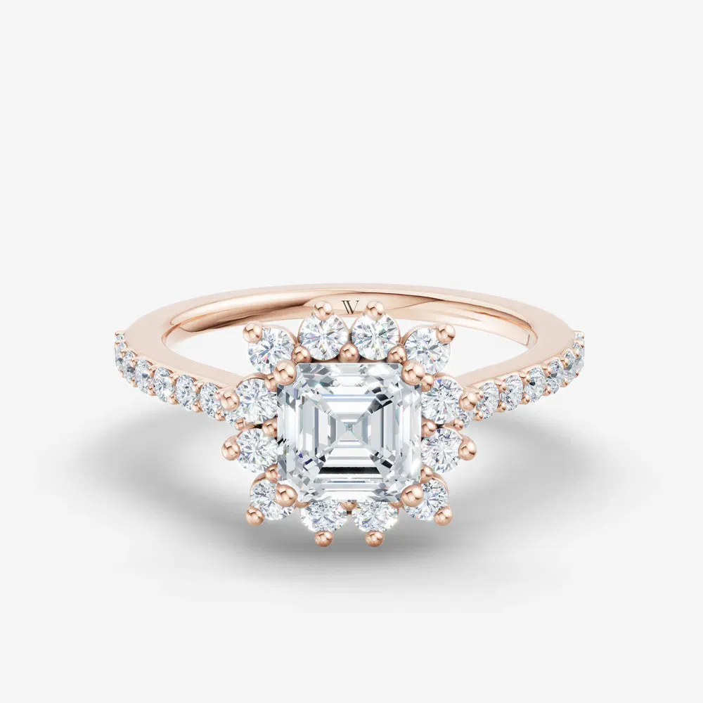 Certified 1 carat Lab Grown Diamond Asscher Cut Pavé, Halo, Floral Engagement Ring in 14K Rose Gold-Elite Juniper