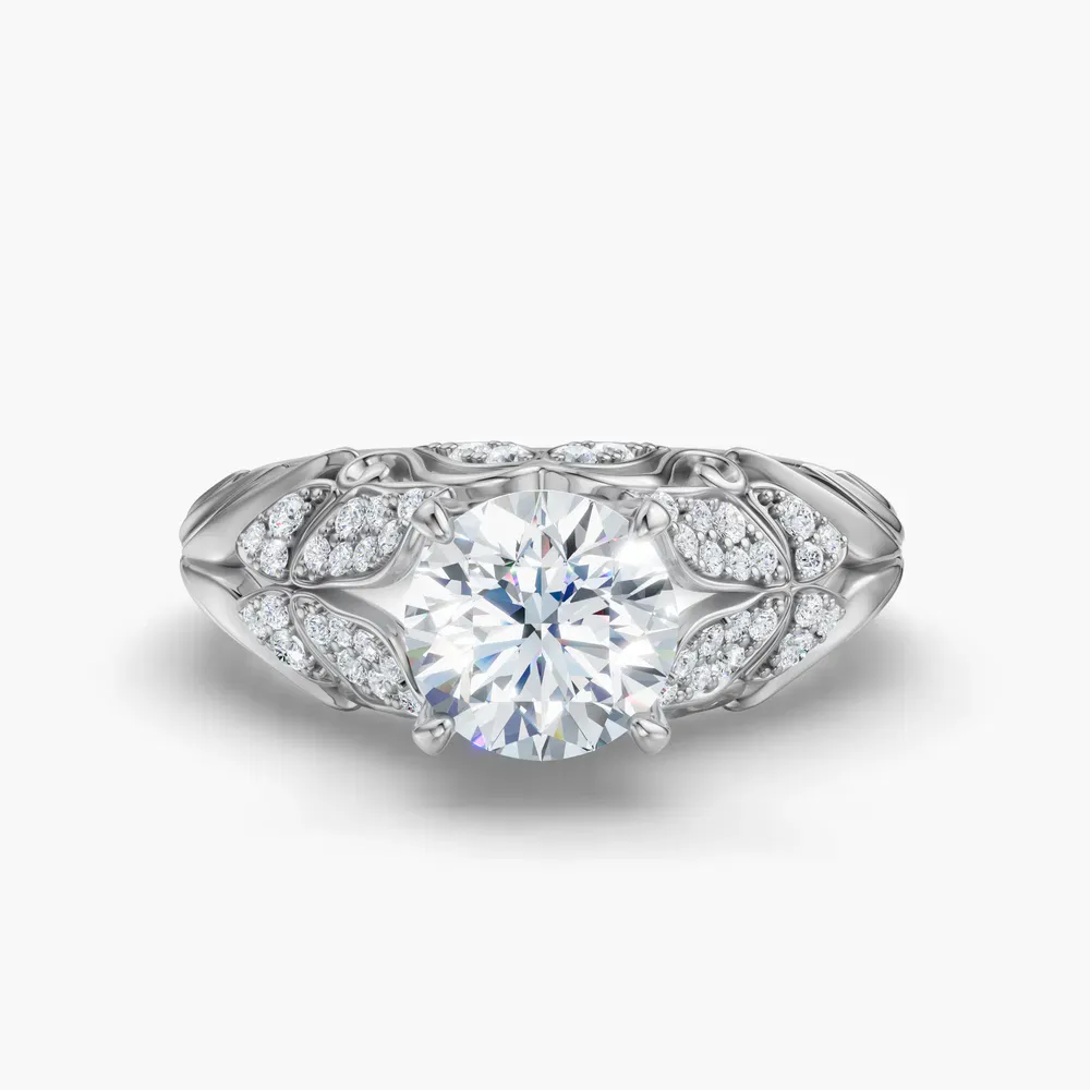 Certified 1 carat Lab Grown Diamond Round Cut Nature inspired, Pavé, Unique Engagement Ring in 14K White Gold-Lyric