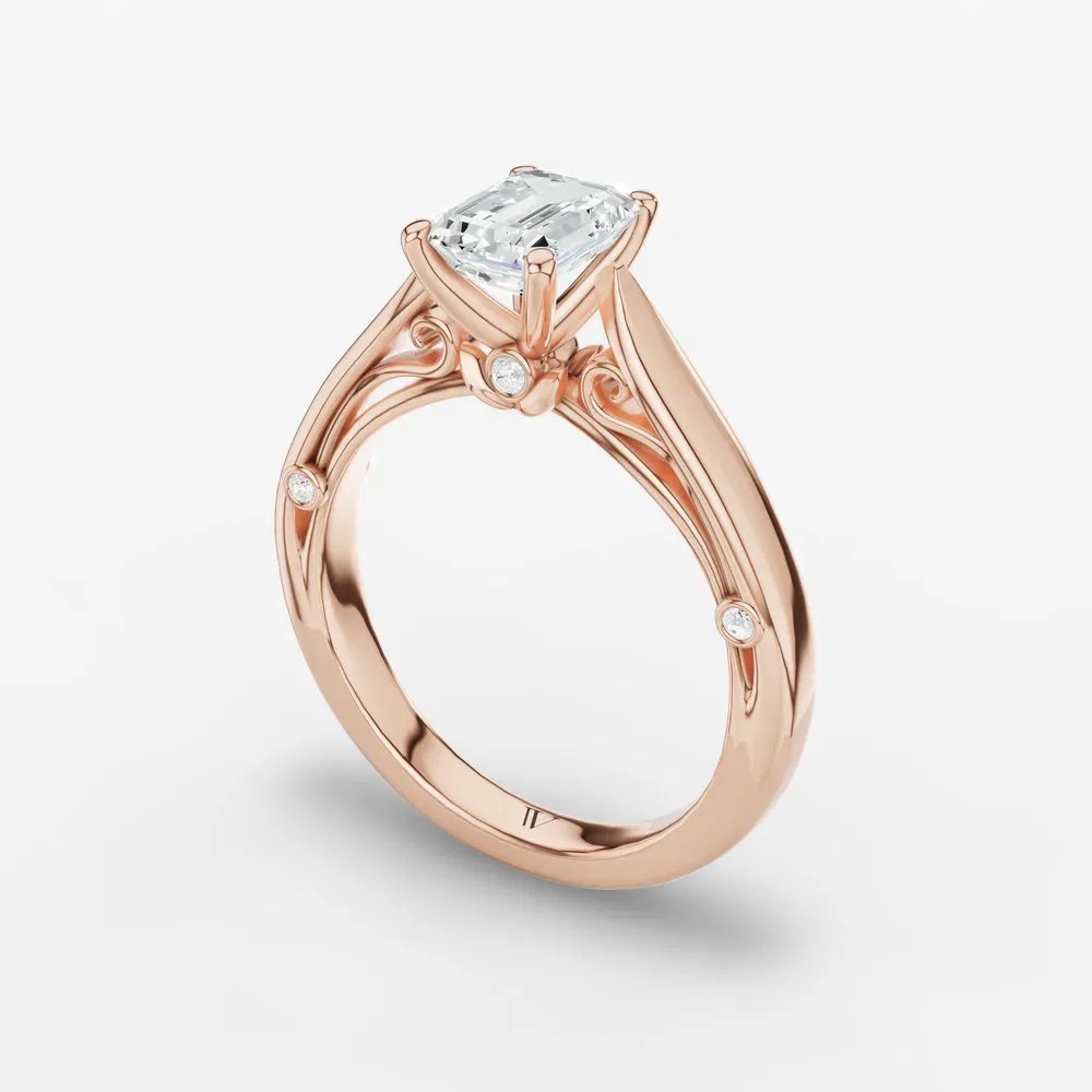 Certified 1 carat Lab Grown Diamond Emerald Cut Cathedral, Nature inspired, Solitaire Engagement Ring in 14K Rose Gold-Saelor