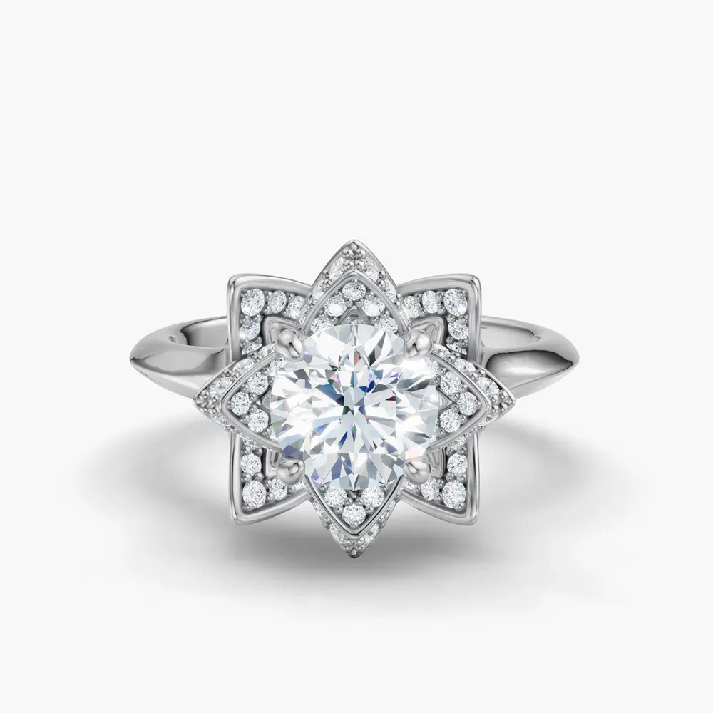 Certified 1 carat Lab Grown Diamond Round Cut Floral, Pavé, Nature inspired Engagement Ring in 14K White Gold-Marova