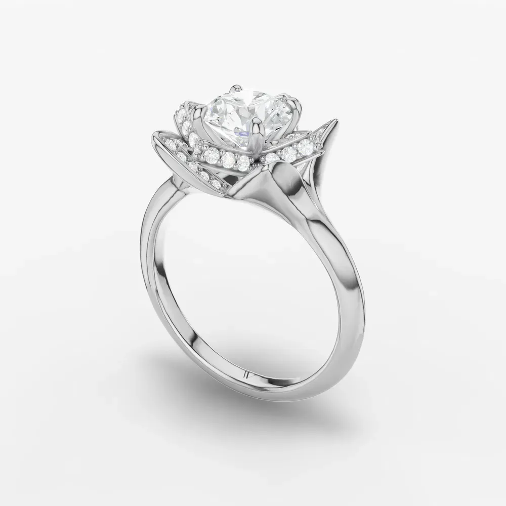 Certified 1 carat Lab Grown Diamond Round Cut Floral, Pavé, Nature inspired Engagement Ring in 14K White Gold-Marova