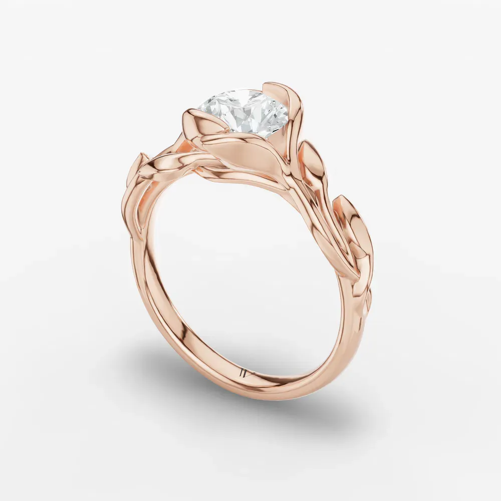 Certified 1 carat Lab Grown Diamond Round Cut Solitaire, Nature inspired, Unique Engagement Ring in 14K Rose Gold-Evelyn