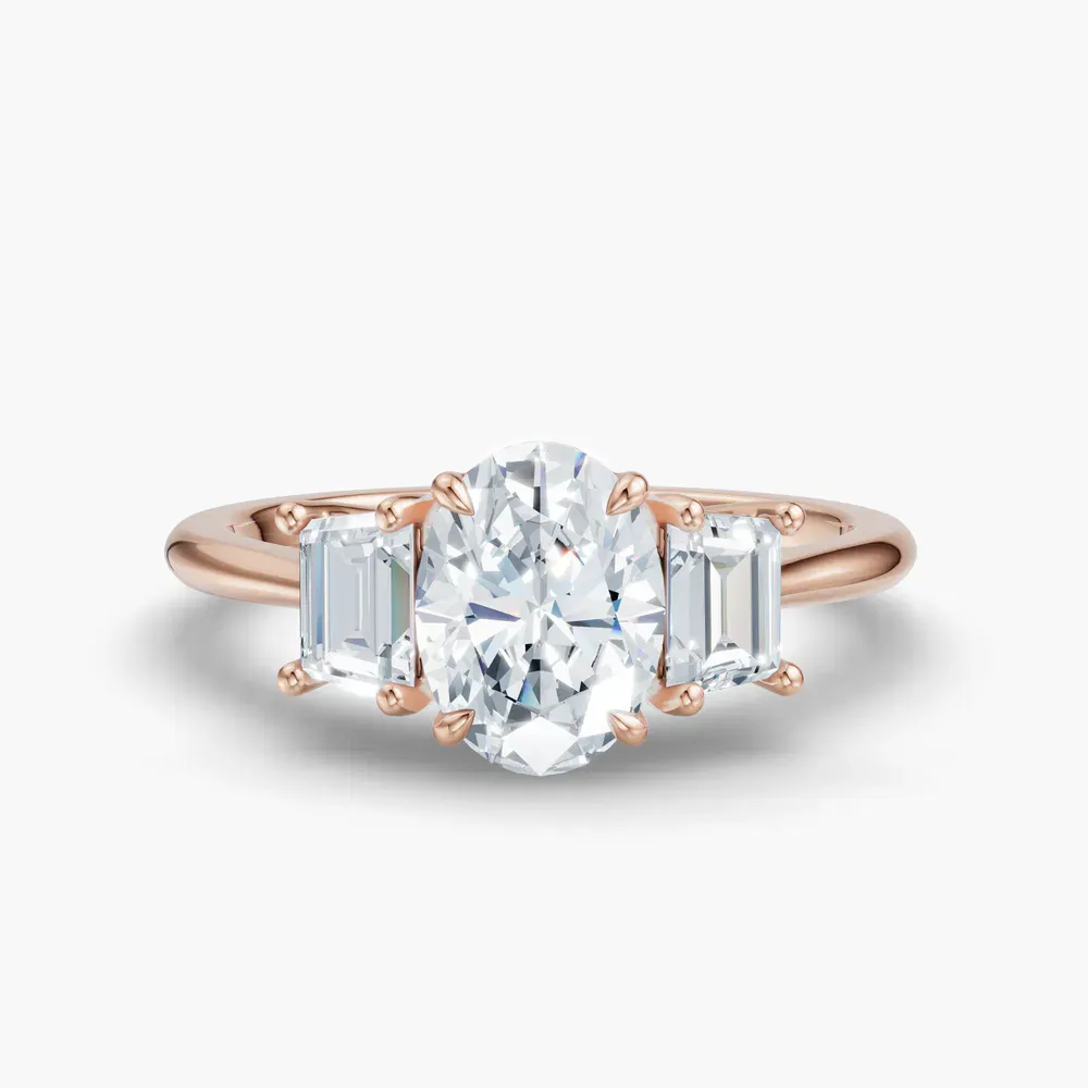 Certified 1 carat Lab Grown Diamond Oval Cut Three Stone, Side Stone, Low profile Engagement Ring in 14K Rose Gold-Cygnus