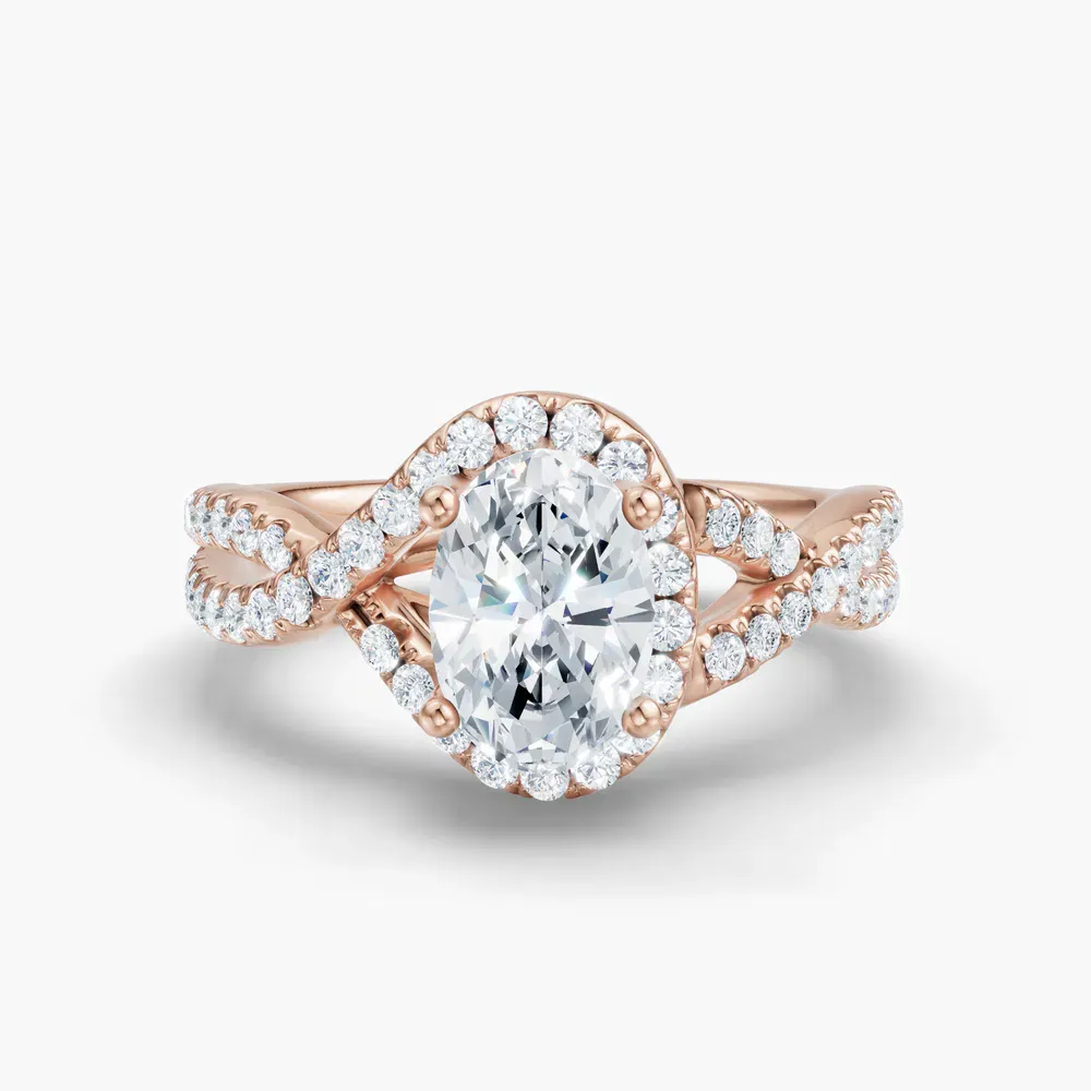 Certified 1 carat Lab Grown Diamond Oval Cut Unique, Pavé, Halo Engagement Ring in 14K Rose Gold-Stellune