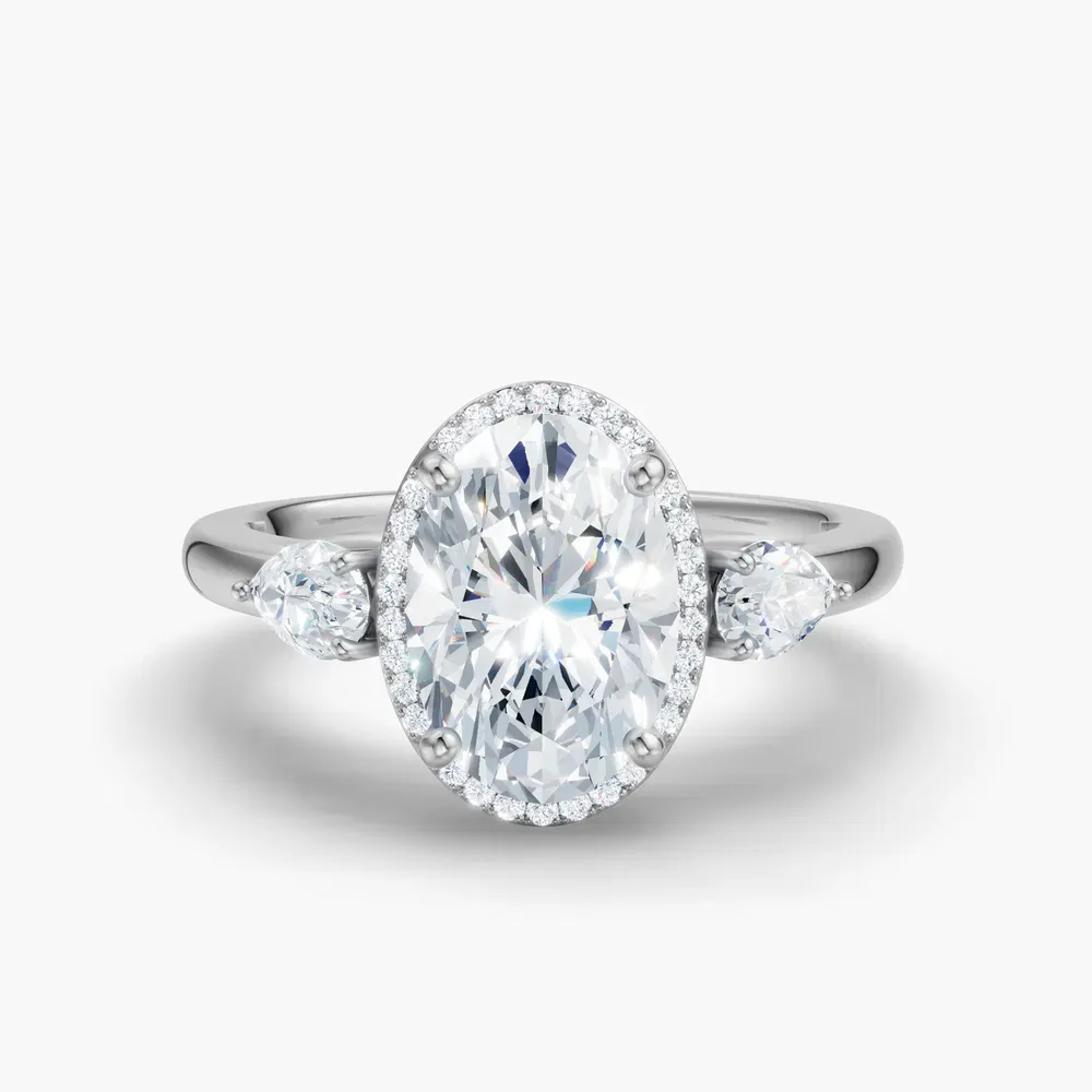 Certified 1 carat Lab Grown Diamond Oval Cut Halo, Cathedral, Three Stone Engagement Ring in 14K White Gold-Daren