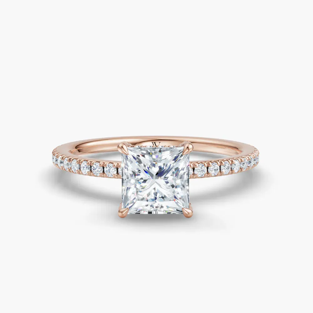 Certified 1 carat Lab Grown Diamond Princess Cut Pavé, Hidden Halo Engagement Ring in 14K Rose Gold-Orhi